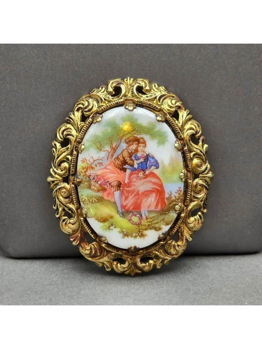 Vintage Western Germany Porcelain Brooch Fragonard Courting Couple Pin